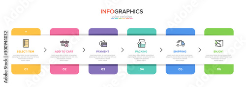 Concept of shopping process with 6 successive steps. Six colorful graphic elements. Timeline design for brochure, presentation, web site. Infographic design layout.