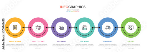 Concept of shopping process with 6 successive steps. Six colorful graphic elements. Timeline design for brochure, presentation, web site. Infographic design layout.