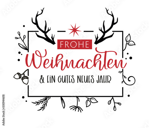 Frohe Weihnachten Kalligraphie. Grußkarte mit Ornamneten und Geweih. Deutsch