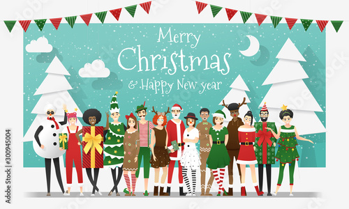 Merry Christmas and Happy New Year  group of teens in Christmas costume concept   vector  illustration