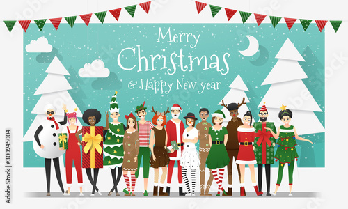 Merry Christmas and Happy New Year, group of teens in Christmas costume concept , vector, illustration