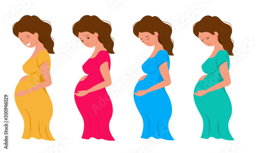 Pregnant woman with different emontions holding her belly in hands - sa, crying, happy smiling and laughting future mom, pretty lady in motherhood. Poster in hospital, maternity home, birthing center