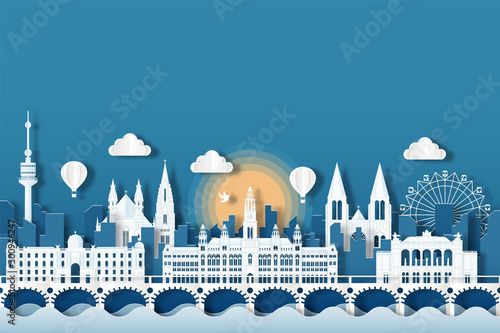 Travel Austria architecture of Austria landmark cityscape and the river with panoramic views , origami style paper for travel postcards, Vector illustration.