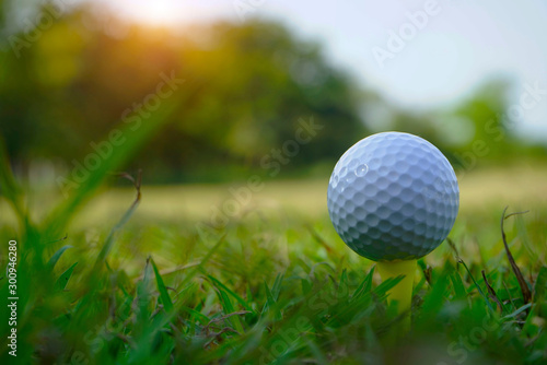 Golf ball on tee in beautiful golf course