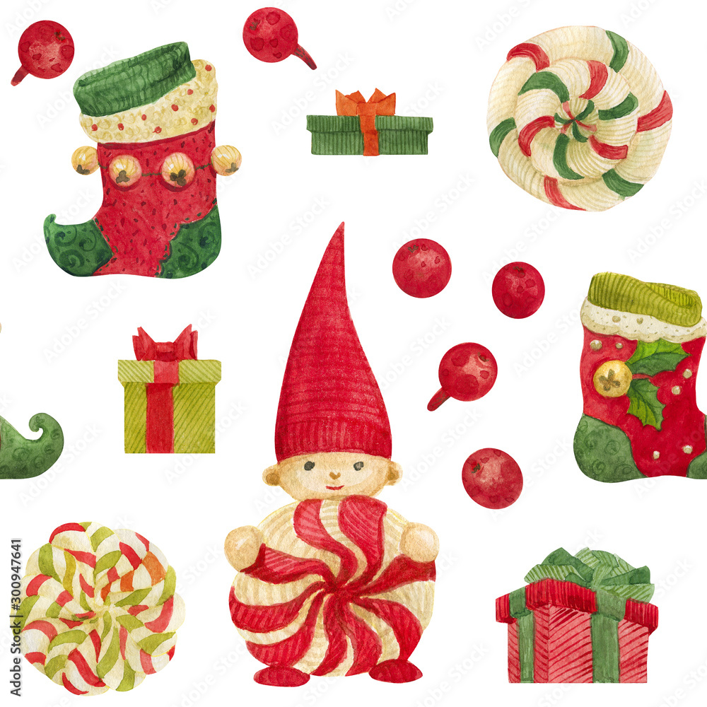 Christmas seamless watercolor pattern with stockings and lollipops and gifts on a white Christmas seamless watercolor pattern with stockings and lollipops and gifts on a white