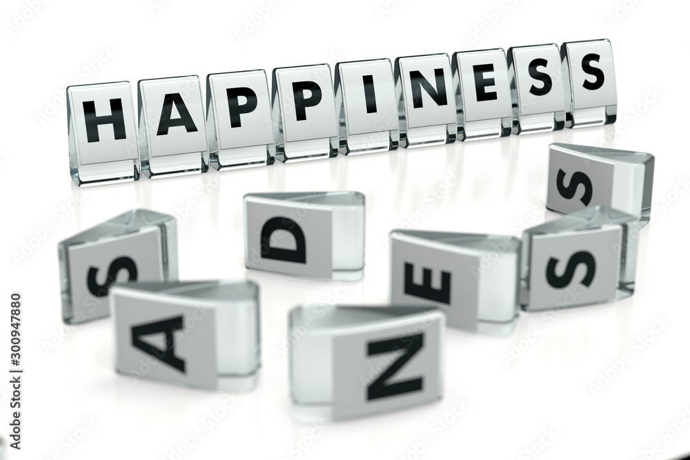 HAPPINESS word written on glossy blocks and fallen over blurry blocks with SADNESS letters, isolated on white background. Don't worry, be happy - concept for articles or blogs. 3D rendering