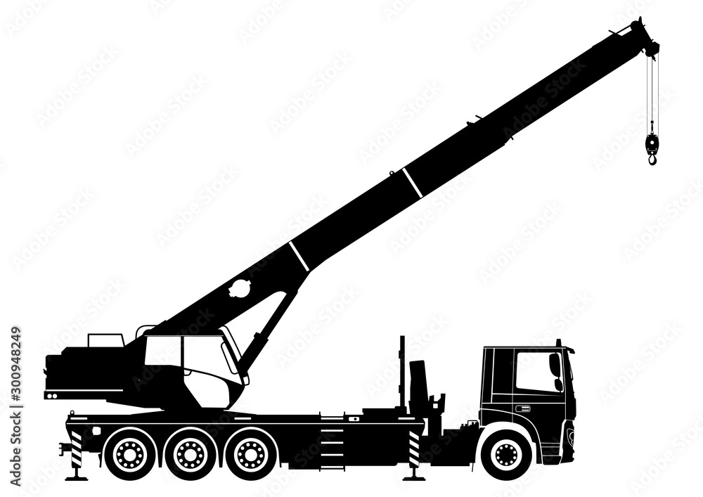Mobile crane. Silhouette of a crane on a white background. Side view. Flat vector. Mobile crane. Silhouette of a crane on a white background. Side view. Flat vector.
