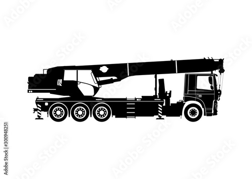Mobile crane. Silhouette of a crane on a white background. Side view. Flat vector.