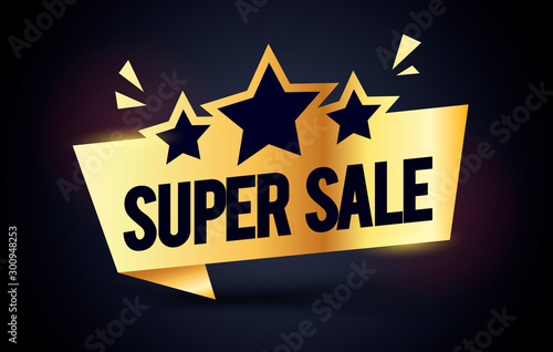 Vector Illustration Super Sale Premium Label. Golden Web Banner Element With Stars