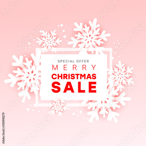 Christmas sale horizontal advertising banner with paper cut snowflakes with white semi-frame