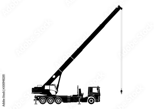 Mobile crane. Silhouette of a crane on a white background. Side view. Flat vector.