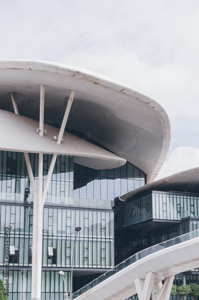 Fototapeta premium TBILISI, GEORGIA - OCTOBER 2019: Modern building of Ministry of Justice and the Civil Registry Agency near the Kura River in the center of Tbilisi.
