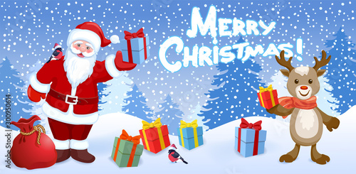 Cartoon Santa Claus with gift box and reindeer deer with  bullfinches bird on background of Christmas snowfall in forest and inscription "Merry Christmas". New Year or Christmas vector illustration