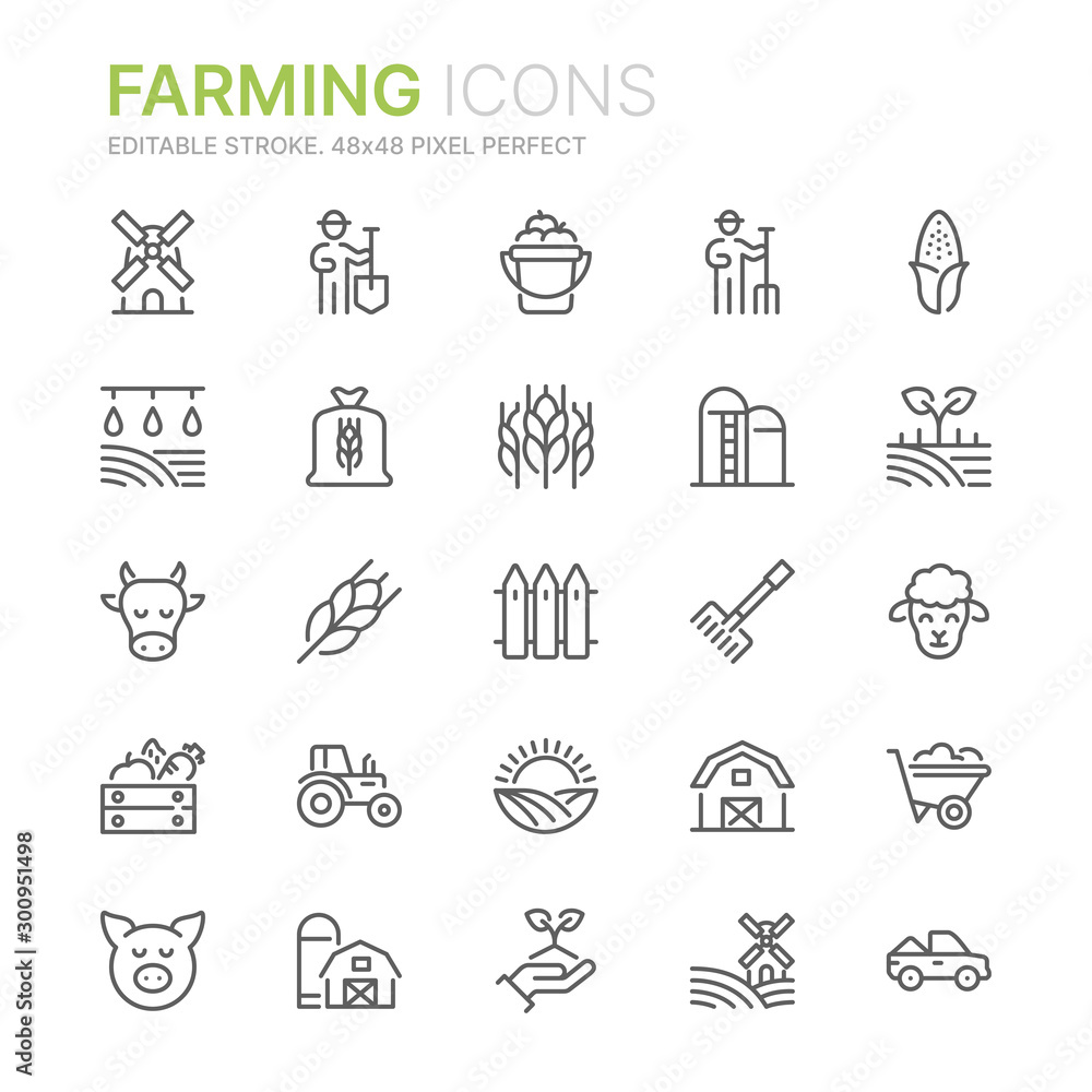 Collection of farming related line icons. 48x48 Pixel Perfect. Editable stroke