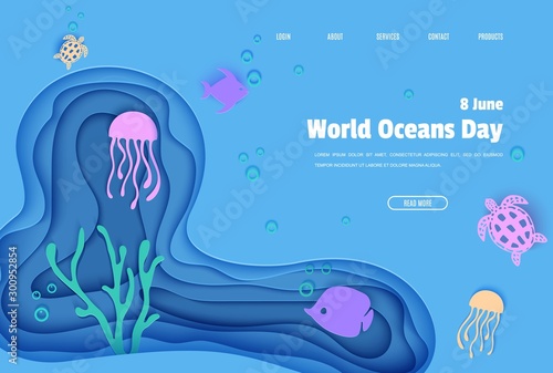 Web page design template in paper cut style underwater ocean cave with fishes coral reef seabed in algae waves. Vector butterflyfish, jellyfish, moonfish, turtle. Paper craft diving website concept.