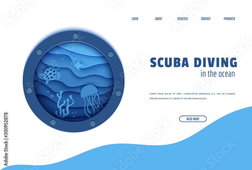 Web page design template in paper cut style underwater ocean underwater view through cave porthole. Coral reef seabed fish in algae waves. Vector paper craft diving World Water Day website concept.