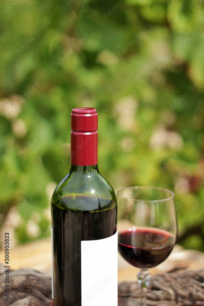 Red wine bottle and glass on wooden plank with vineyards in the background