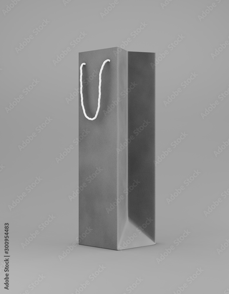 Eco packaging mockup bag kraft paper with handle half side. Tall narrow black template on gray background promotional advertising. 3D rendering