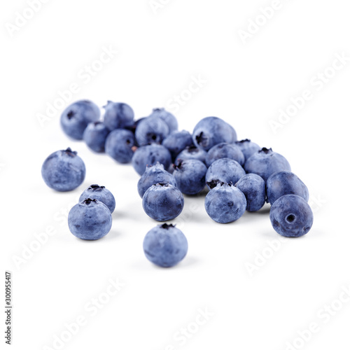 Close up top view fresh blueberries isolated on white background.