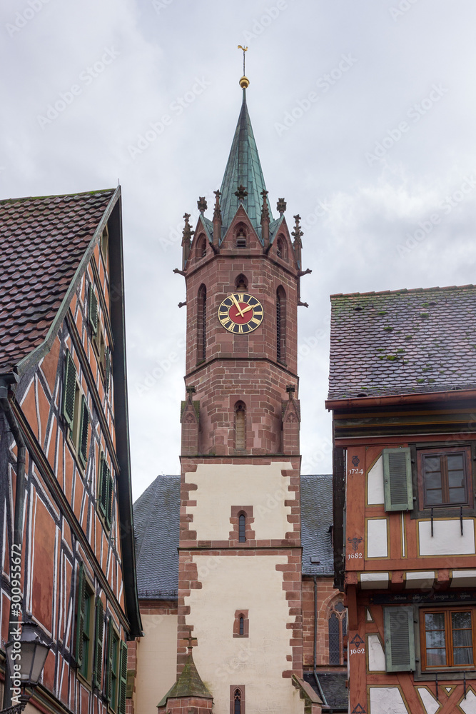 View to St. Gallus church from Market Square in Ladenburg near Heidelberg, Germany