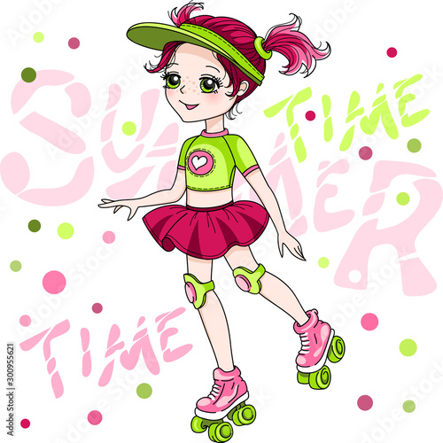 Vector cute red-head baby girl in skirt rollerblading