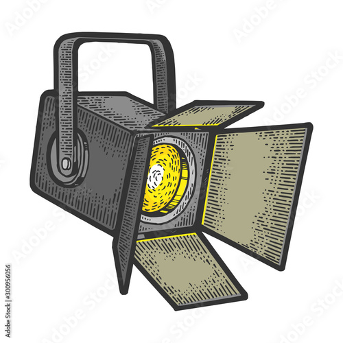 Spotlight floodlight theatre projector sketch engraving vector illustration. T-shirt apparel print design. Scratch board style imitation. Black and white hand drawn image.