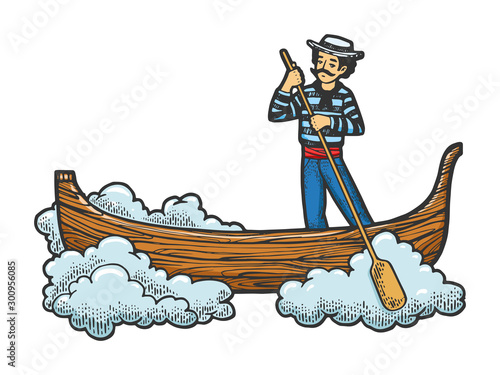 Fabulous flying gondola boat sketch engraving vector illustration. T-shirt apparel print design. Scratch board style imitation. Hand drawn image.