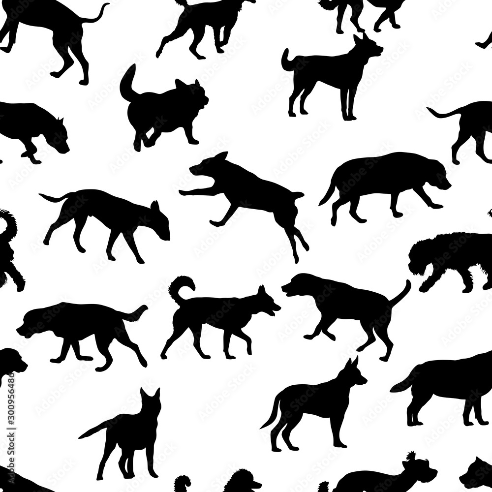 Seamless pattern with domestic dogs. Can be used as Christmas design for wrapping, postcards, and textile
