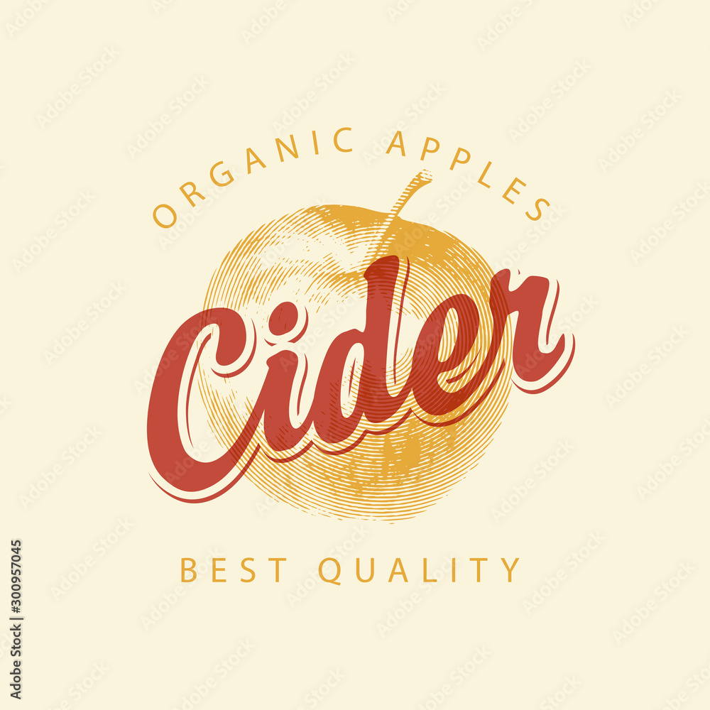© paseven - Vector label for Apple cider with a realistic image of an apple and calligraphic inscription on a light background in retro style