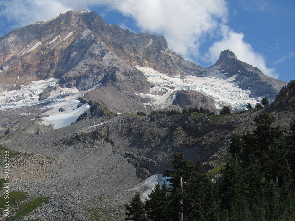 Yocom Ridge running up to the summit of Mt. Hood. Sandy Glacier, Reid Glacier and Illumination Rock can also be seen.
