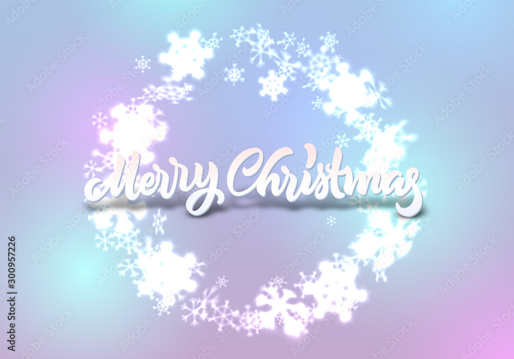 Christmas snowflakes background with falling snow and lettering or calligraphic greeting text