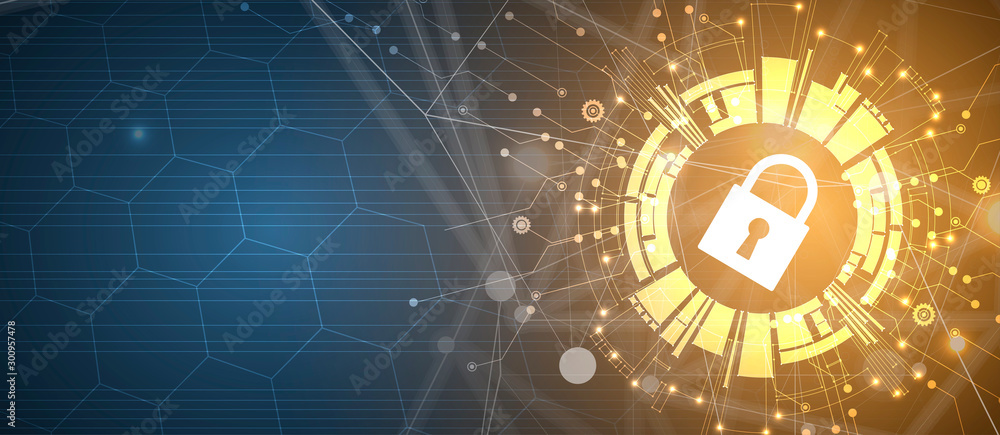 Obraz premium internet digital security technology concept for business background. Lock on circuit board