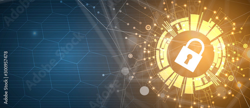 internet digital security technology concept for business background. Lock on circuit board