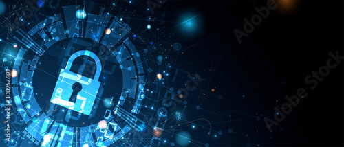 internet digital security technology concept for business background. Lock on circuit board