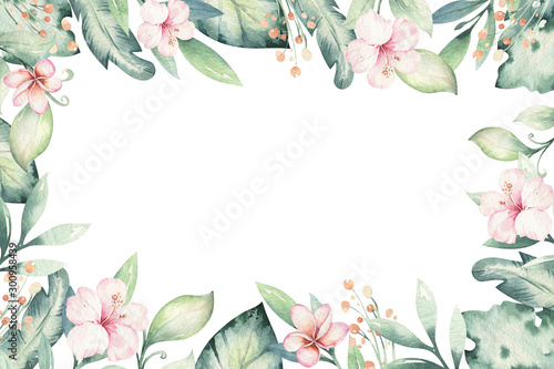 Hand drawn watercolor tropical flower background. Exotic palm leaves, jungle tree, brazil tropic botanical decoration botany elements and flowers. Perfect for fabric design. photo