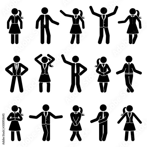 Stick figure business male and female standing front view different poses vector icon pictogram set. Black and white cut out office men and women people human silhouette on white background