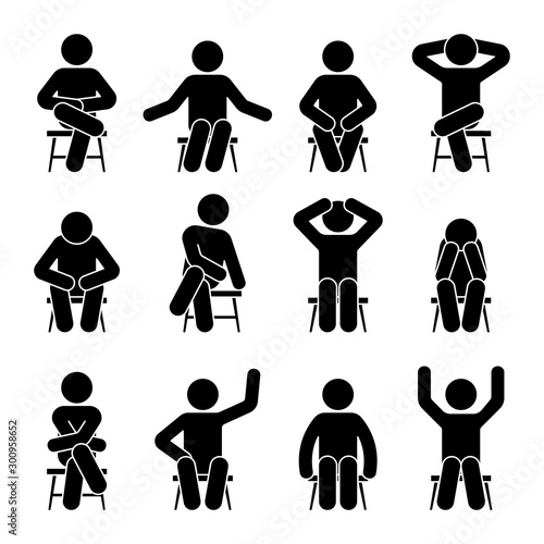 Sitting on chair stick figure man different poses pictogram vector icon set. Boy silhouette seated happy, comfy, sad, tired, depressed sign on white background