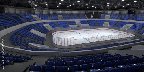 Hockey stadium with blue seats. 3d illustration
