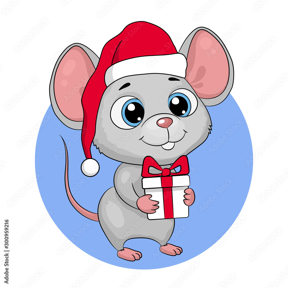 Cute cartoon mouse mouse in a santa hat with a gift. New Year greeting card, vector illustration Cute cartoon mouse mouse in a santa hat with a gift. New Year greeting card, vector illustration