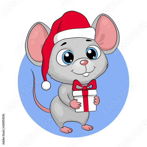 Cute cartoon mouse mouse in a santa hat with a gift. New Year greeting card, vector illustration