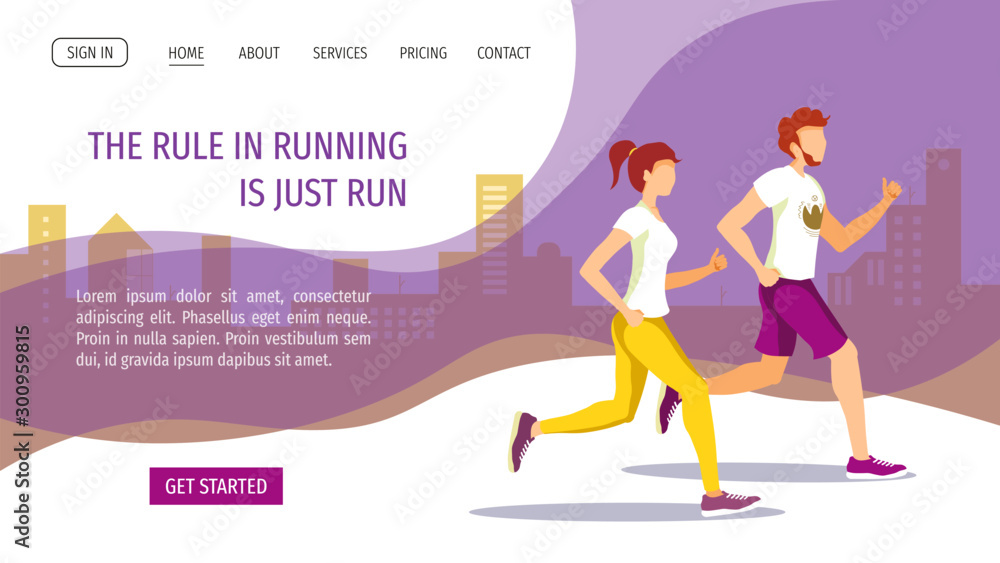 Web page design template with runners for Running, Sport, Workout, Healthy lifestyle. Vector illustration for poster, banner, placard, website, flyer. Web page design template with runners for Running, Sport, Workout, Healthy lifestyle. Vector illustration for poster, banner, placard, website, flyer.