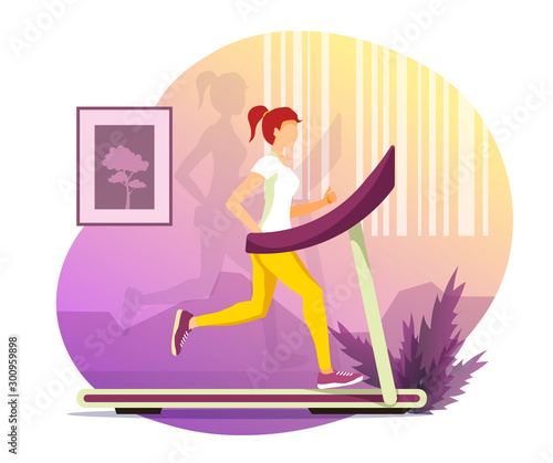Running  Sport training  Healthy lifestyle  Exercising machine concept. Woman running on a treadmill. Vector illustration for poster  banner  placard  card  presentation  flyer.