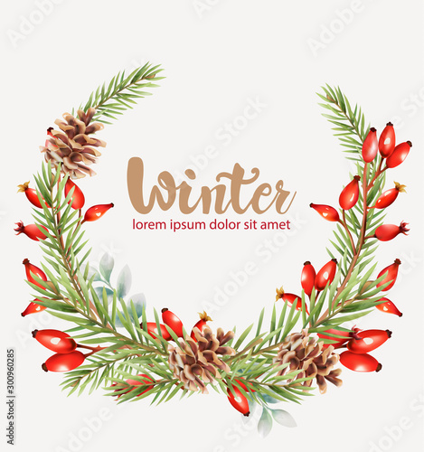 Winter wreath with red berries, pine cone and fir tree leaves. Christmas vector