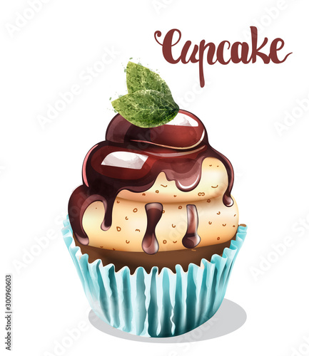 Cupcake with peppermint and chocolate glaze in blue cup. Desser vector