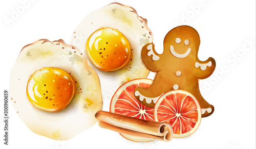 Fried eggs with spices and cinnamon sticks, gingerbread cookie, lemon snacks....