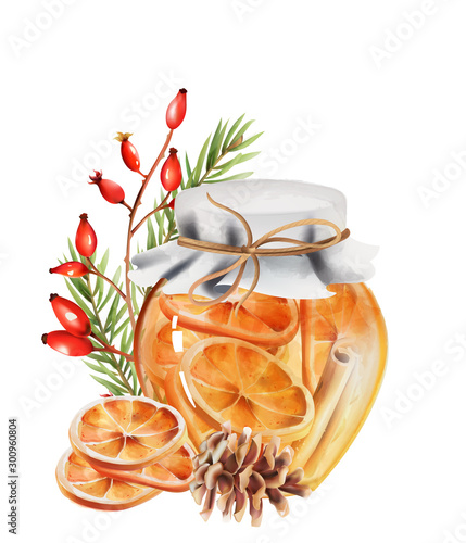 Honey jar with orange slices and cinnamon sticks inside. Pine cone, fir tree ...