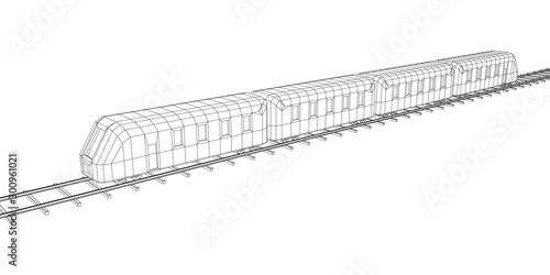 Modern high speed train on straight rails. Railway wireframe low poly mesh vector illustration
