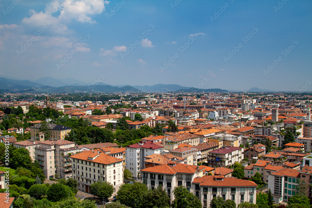 Bergamo, lower city. Town in northern Italy. Red Roofs and Blue Sky. 