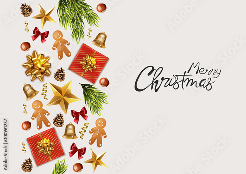 Merry Christmas panoramic banner with wrapped gift boxes, pine tree leaves, b...