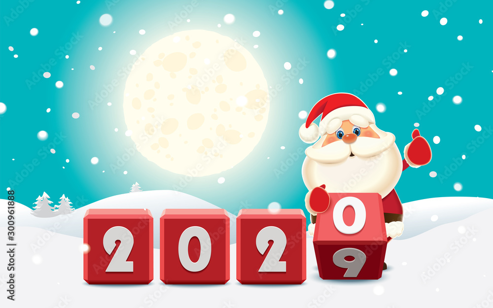 Santa Claus changing date from 2019 to 2020 rotating cubes with numbers in a winter surroundings Santa Claus changing date from 2019 to 2020 rotating cubes with numbers in a winter surroundings